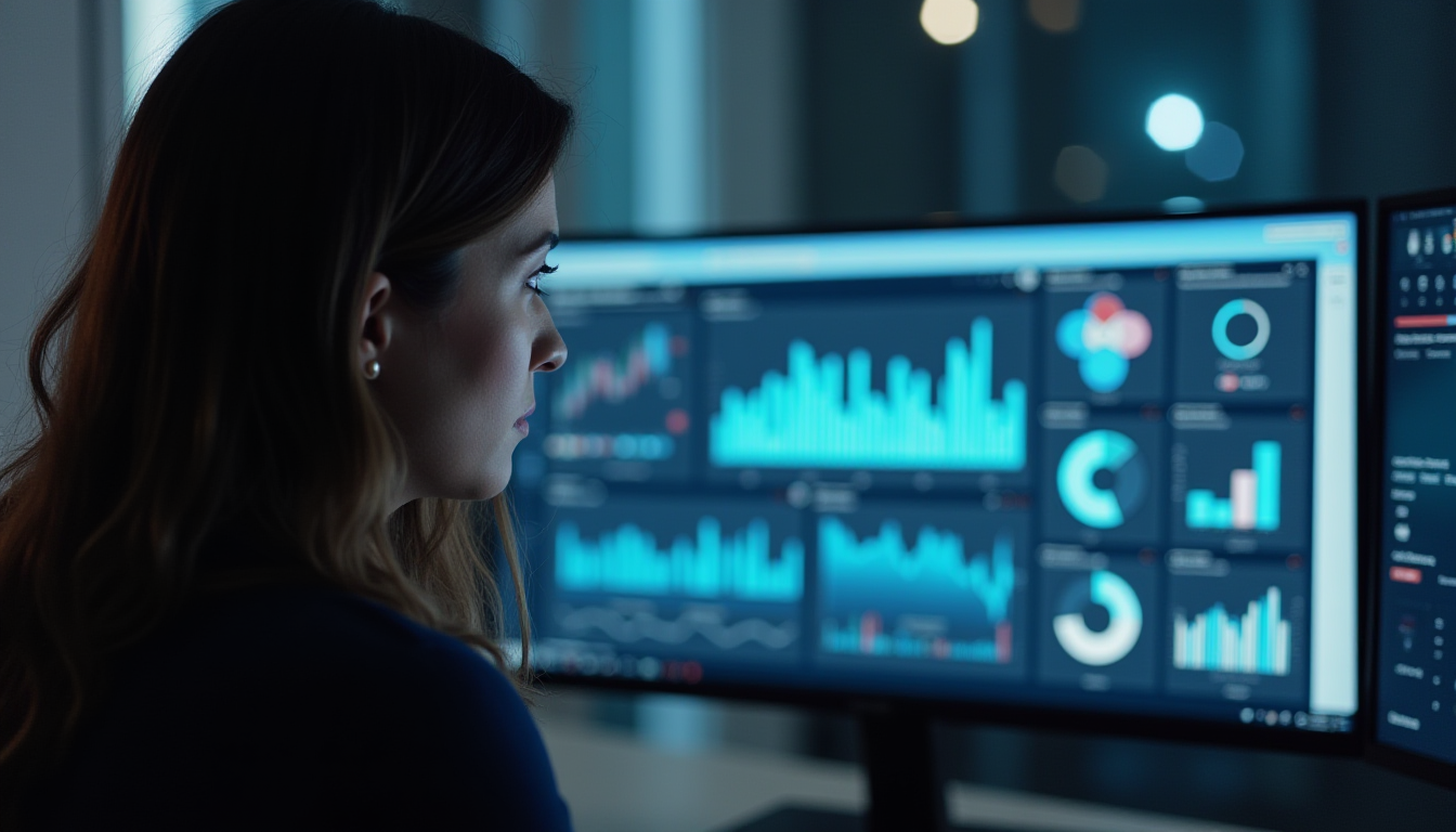 Woman looking at digital data analytics on her computer